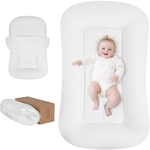 Baby Lounger-Infant Lounger for Newborn, 0-24 Months, Portable Tummy Time Mat for Home and Travel, Breathable Cotton(Cover Included), Supervised Use, Baby Essentials(White), Pallet of Product