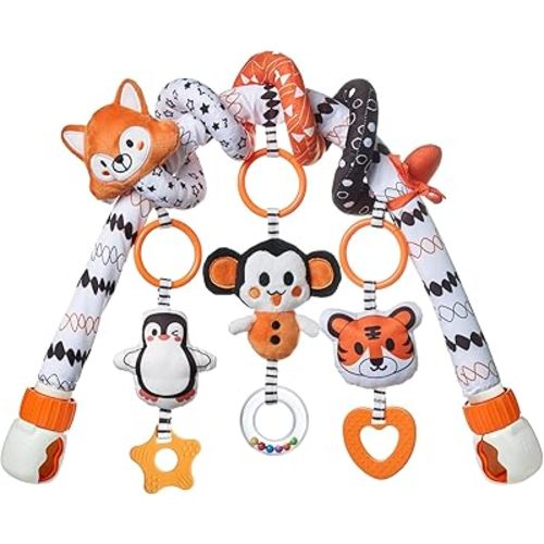 TUMAMA Black and White Baby Stroller Arch Toys - Removable Spiral Hanging Rattle Toys, High Contrast Car Seat and Stroller Toys for Baby 0 3 6 9 12 Months