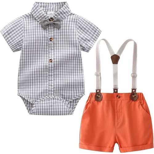Baby Boys Gentleman Outfits Suits, Infant Short Sleeves Shirt+Bib Pants+Bow Tie Overalls Clothes Set - Grey+orange