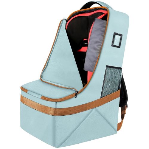 YOREPEK Padded Car Seat Travel Bag for Air Travel, Carseat Cover Backpack with Shoulder Straps, Large Carseat Gate Check Bag, Baby Travel Essential(Light Cyan)