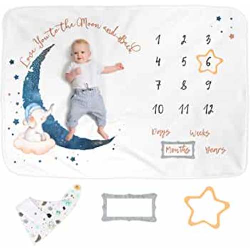 Luka&Lily Monthly Milestone Blanket for Baby Boys, 60x40 inches (Elephant Moon)