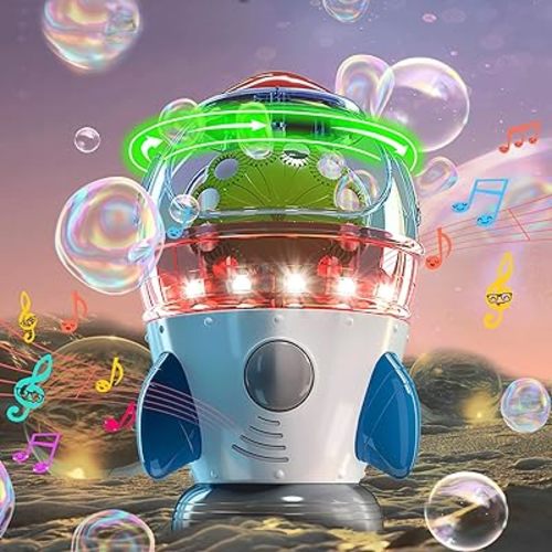 Bubble Machine, Automatic 360° Rotatable Rocket Blower Machine with 2 Fans Lights Music for Kids Toddlers 1-3 Bubble Maker Machine for Indoor Outdoor Wedding Party Birthday Gifts