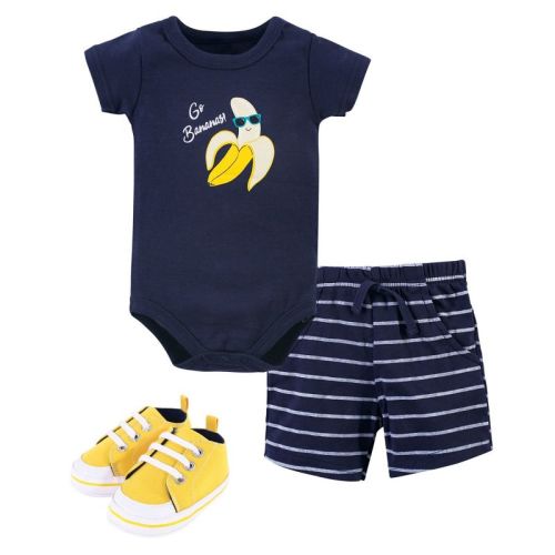 Hudson Baby Infant Boy Cotton Bodysuit, Shorts And Shoe 3pc Set, Go Bananas, 0-3 Months