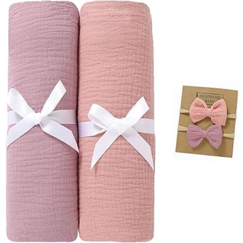 2 Pack Muslin Swaddle Blankets with Headband Set 47x47 in,Large Size 100% Organic Cotton Muslin Baby Blanket for Newborn,Nursery Baby Receiving Blankets for Boys and Girls (Violet+Pink)