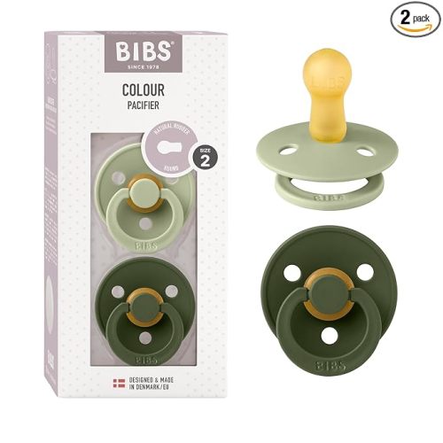 BIBS Pacifiers Colour Collection | Natural Rubber Baby Pacifier | Set of 2 BPA-Free Soothers | Made in Denmark | 6+ Months (Pack of 2) | Sage/Hunter Green | Natural Rubber | Size 2 | BPA-Free