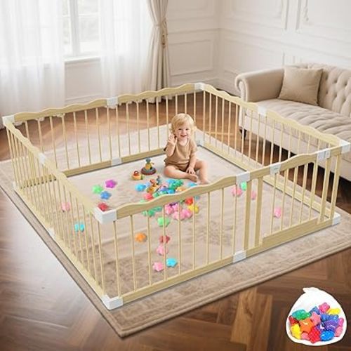 Wooden Baby Playpen - 65×65×25 Inch Wood Playpen for Babies and Toddlers with 30 Ocean Ball - Baby Gate Easy to Assemble Indoor Outdoor Safety Fence Play Yard