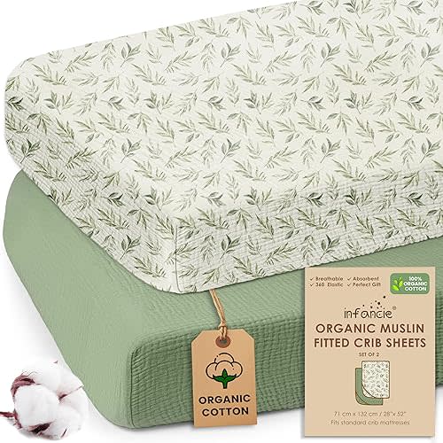 100% Organic Cotton Muslin Crib Sheets Set of 2 – Soft & Breathable Fitted Sheets for Boys and Girls, Neutral Colors – Fits Standard Baby Crib Mattress 28 x 52 Inches Green/Floral, Crib Sheet