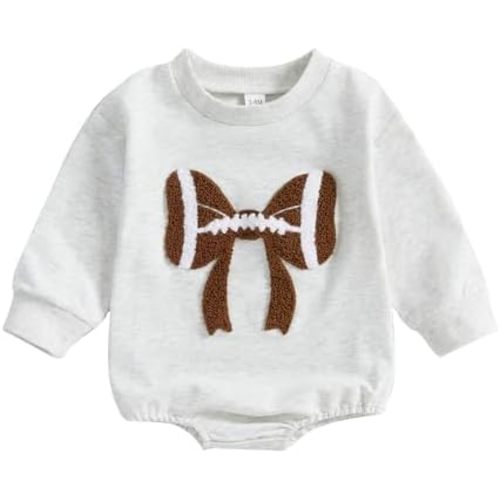 Karuedoo Newborn Baby Boy Girl Football Outfit Football Bow Sweatshirt Romper Oversized Long Sleeve Bubble Romper Bodysuit