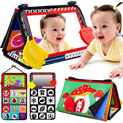 Baby Tummy Time Toys with Mirror, Books, Teethers - For 0-12 Months with High Contrast, Montessori Crawling Toys for Boys & Girls