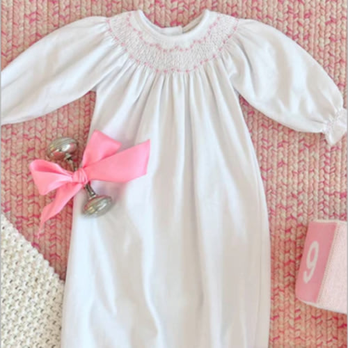 Sweetly Smocked Greeting Gown - Worth Avenue White with Palm Beach Pin