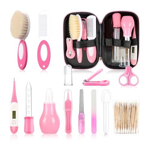 Baby Grooming Kit,Infant Safety Care Setwith Hair Brush Comb Nail Clipper Nasal Aspirator, Baby Essentials Kit for Newborn Girls Boys (14 PC-Pink Kit)