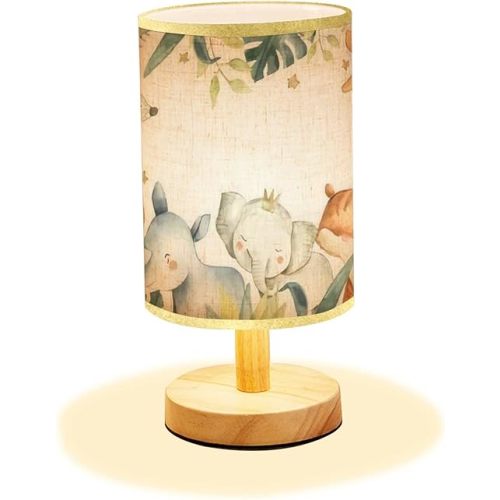 Minimalist Bedside Table Lamp Safari Animals Watercolor with Baby Elephant Lion Zebra Giraffe Wood Nightstand Desk Base Flaxen Fabric Shade for Bedroom Living Room 5.5x11inch