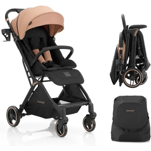 Gravity Folding Baby Stroller - Portable Travel Toddler Stroller w/Adjustable Backrest, Canopy & Cup Holder, Lightweight and UV Protected, One-Hand Automatic Folding - Khaki