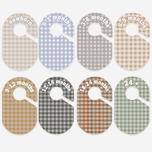 eoscasely Baby Closet Divider, Baby Wardrobe Organizer, Double-Sided Pastel Gingham Design, Nursery Decor Clothes Hanger Dividers for Sorting 8 Sizes from Newborn to 12+ Months