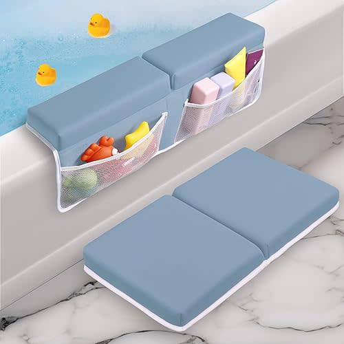 Baby Bath Kneeler and Elbow Rest Pad Set - Baby Bath Support for Knees and Elbows - Bath Kneeler Pad with Memory Foam and Bath Toys Organizer - Ideal Bath Kneeling Pad for Bathing Baby - Blue