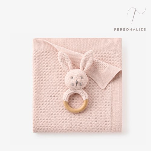 Blush Textured Knit Blanket + Bunny Ring Rattle Gift Set PINK / 30X40