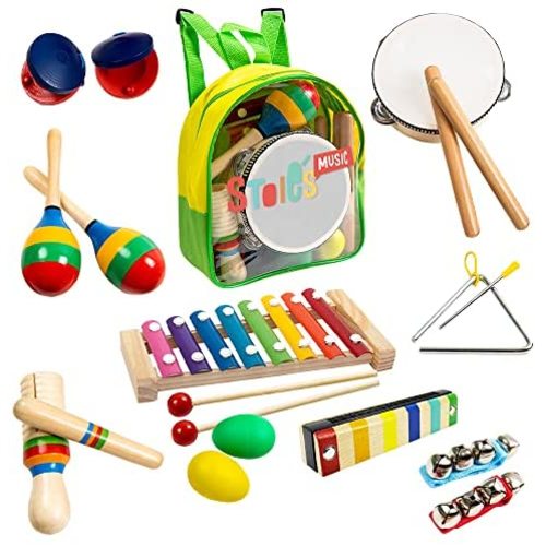 19 pcs Musical Instruments Set for Toddler and Preschool Kids – Stoie's Music Toy - Wooden Percussion Toys for Boys and Girls Includes Xylophone - Promotes Early Development and Educational Learning.