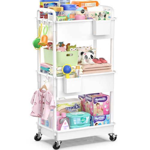 Baby Diaper Caddy Organizer Cart, 3-Tier Rolling Utility Cart with Lockable Wheels for Nursery Essentials, Large Capacity Mobile Storage Carts for Newborn, White