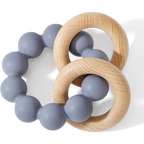 Socub Baby Teething Toys for 0-6 6-12 Months | BPA-Free Food-Grade Silicone & Natural Beech Wood Teether Ring for Newborn Infants Teething Relief | Easy-Grip Sensory Rattle Toys(Tradewinds)