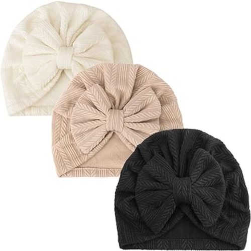 3 PCS Newborn Baby Turban Hat Baby Bow Infant Cap Hats Knot Soft Cute Nursery Beanie Breathable Toddler Cap for Girls