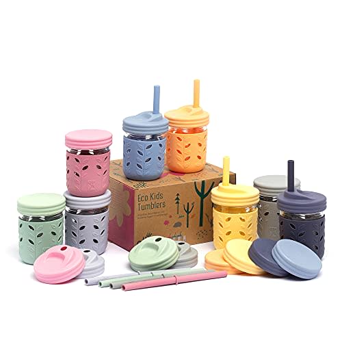 Elk and Friends Kids & Toddler Cups | The Original Glass Mason jars 8 oz with Silicone Sleeves & Silicone Straws with Stoppers | Smoothie Cups | Spill Proof Sippy Cups for Toddlers