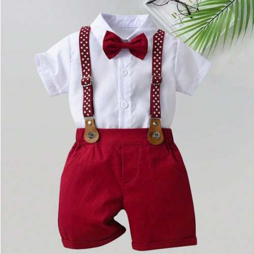 2pcs Baby Boys Gentleman Outfit Set - Red Suspender Pants And White Shirt With Bow Tie, Suitable For Holidays, Weddings, Parties, New Year Performances And Galas