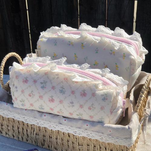 Handmade Floral Linen Makeup Pouch - Perfect for Travel & Everyday | Cottagecore Ruffle Cosmetic Bag, Pencil Case, Gift for Her by Bearbon