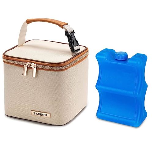 BABEYER Breastmilk Cooler Bag with Ice Pack Fits 4 Baby Bottles Up to 5 Ounce, Baby Bottle Cooler Bag Great for Nursing Mom Daycare, Cream - Fits 5 Oz Baby Bottles
