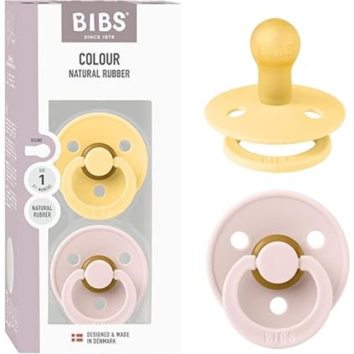 BIBS Colour Pacifier 2-Pack, BPA Free Dummy Binky, Round Nipple. Natural Rubber Latex, Made in Denmark, Size 1 (0-6 Months), Pale Butter/Petal