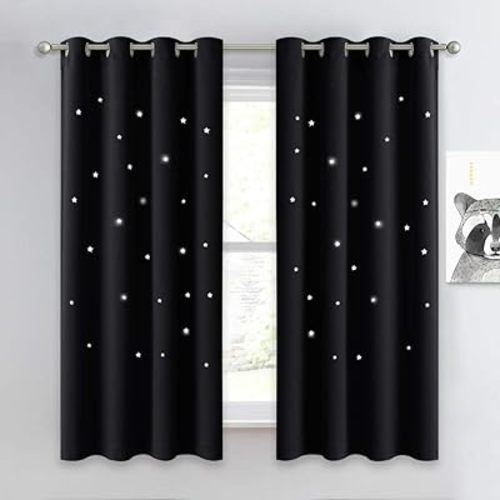 NICETOWN Star Curtains for Kids Room - Blackout Curtains for Nursery 63 inches Length Essential Laser Cutting Stars for Kids Room (1 Panel, 52 x 63 inches Long, Black)