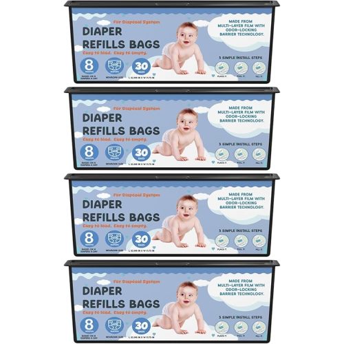 Diaper Pail Refills Bags with 30 Bags Compatible with Genie Easy Roll Signature Diaper Pails and Platinum Diaper Pails, Lasts Up to 8 Months, 7-Layer Odor-Barrier Technology, 4 Pack (120 Bags)