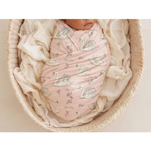 Personalized Swan Swaddle Set Pink Custom Name Granddaughter Gift Newborn Baby Girl Take Home Outfit Beanie Floral Nursery Decor Keepsake