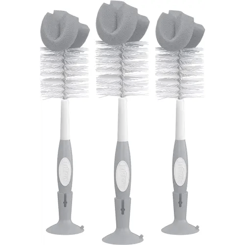 Dr. Brown's Reusable Sponge Baby Bottle Cleaning Brush Set with Suction Cup Stand, Scrubber and Nipple Cleaner, Gray, 3 Pack