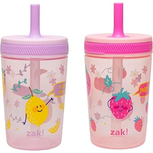Zak Designs Kelso Toddler Cups For Travel or At Home, 15oz 2-Pack Durable Plastic Sippy Cups With Leak-Proof Design is Perfect For Kids (Sweet Berry, Lemon Zest)