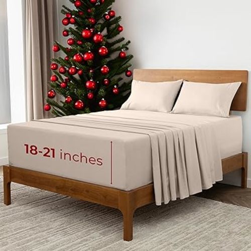 Mellanni Extra Deep King Sheets - 4 PC Iconic Collection Bedding - Hotel Luxury, Ultra Soft, Cooling Bed Sheets - Wrinkle, Fade, Stain Resistant (King, Sand)