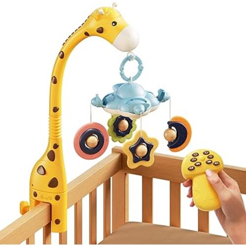 TUMAMA Baby Crib Mobile,3 in 1 Crib Toys with Remote Control,Projection Night Light, Music and White Noise, Mute Spin Motor Nursery Sensory Toys for Infant 0 3 6 9 Month Newborn Xmas Gift