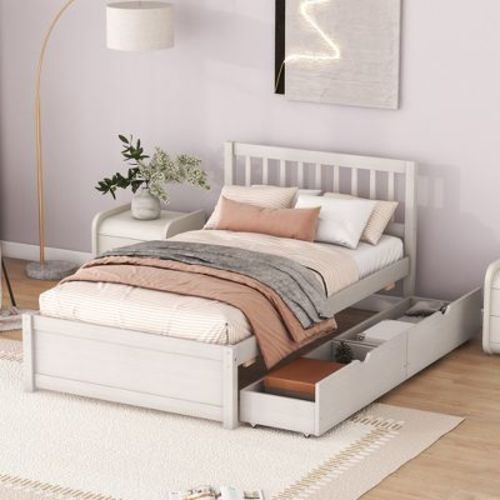 Twin Size Wooden Platform Bed With 2 Drawers, White, 4W -ModernLuxe