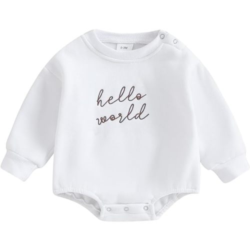 VISGOGO Newborn Infant Baby Boy Girls Oversized Romper Little Dude Sweater Onesie Coming Home Outfit Neutral Clothes - 0-3 Months - Hello World-white