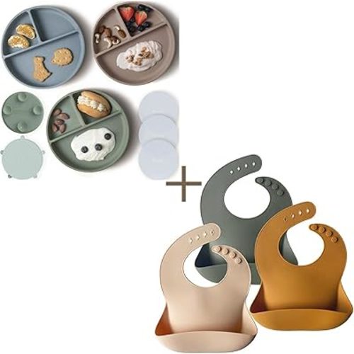Moonkie Suction Plates & Bibs Bundle | 100% Silicone BPA-Free Baby Plates with Lids | Divided Design, Microwave & Dishwasher Safe + Soft Adjustable Waterproof Feeding Bibs Set of 3 (Cream/Buck/Olive G