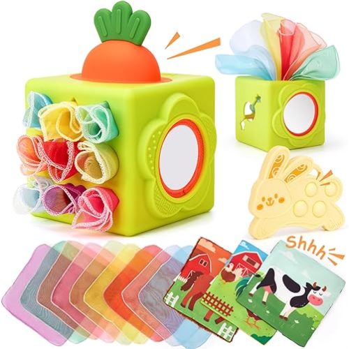 hahaland Baby Tissue Box Toy - Silicone Baby Toys 6-12 Months Montessori Toys for 6 Month Old, 6-in-1 Soft Busy Activity Cube with Scarves, Crinkle, Textures, Mirror, Sensory Popper, Stocking Stuffers