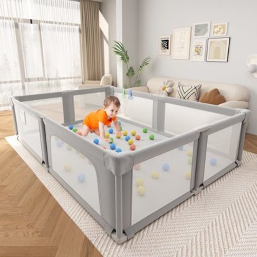 Seeday Baby Playpen, 73.6x61 Inch Foldable Portable Travel Baby Play Yard, Extra Large Indoor Baby Fence with Door & ball, for Babies and Toddlers, Light Gray