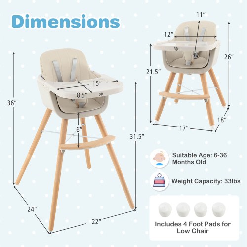 Babyjoy 3 in 1 Convertible Wooden High Chair Baby Toddler Highchair w/ - 20.5" x 21.5" x 36"