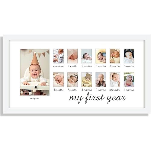 8x16 First Year Picture Frame, Baby's First Twelve Months Photo Collage New Mom Gift and Baby Picture Frame Wall Hanging White
