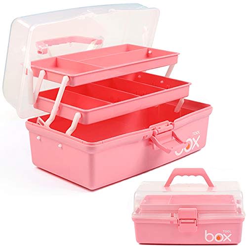 TERGOO 12in Three-Layer Multipurpose Storage Box Organizer Folding Tool Box/Art & Crafts Case/Sewing Supplies Organizer/Family First Aid organizer/Medicine Storage with 2 Trays (Pink)
