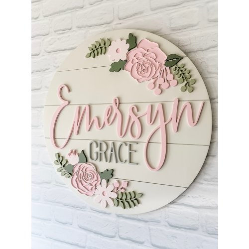 Custom Wood baby Name Sign | Round Sign | Floral | shiplap | rose | Nursery Wall Art | Baby Shower Gift | Girls room decor
