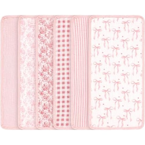 Gilprop 6 Pack Pink Muslin Baby Burp Cloths for Baby Girls, 21''x10'' Large 100% Cotton Burping Cloths, Pink Bow Printing Soft Absorbent Spit up Burp Rags for Nursery Newborn Girls Boys