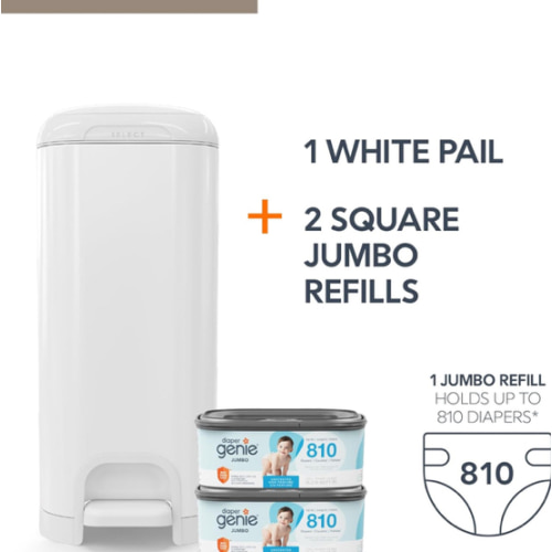 Diaper Genie Select Pail Registry Gift Set (White) | Made of Durable Stainless Steel Metal | Includes 2 Jumbo Refills | Holds 1620 Newborn Diapers