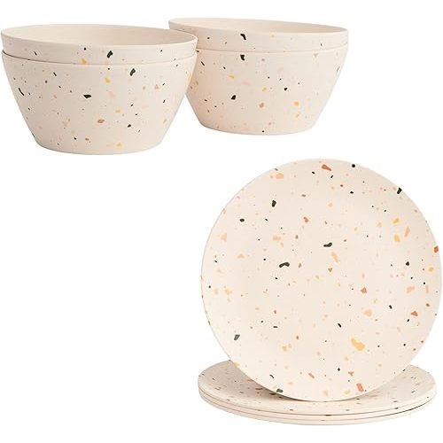 Nook Theory Bamboo Dinner Plates 8" and Bowl V Shaped - Kids and Toddler Bowls, Non-Toxic, Dishwasher Safe, Reusable (Celebration)
