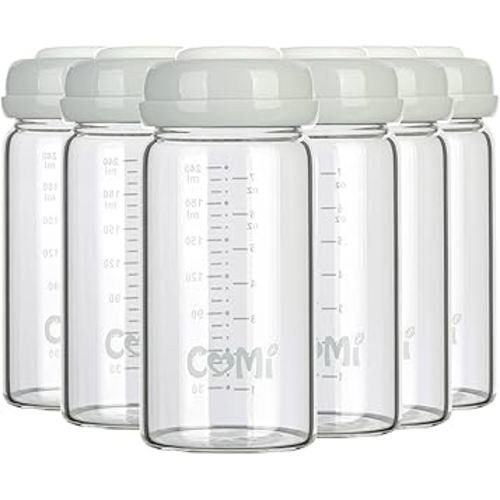 COMI Wide Neck Glass Breastmilk Collection n Storage Bottle, 8oz with Screw Ring Sealing Disk; Re-markable Sealing Disc. BPA Free, Fits Breast Pumps & Nipples (6 Gray Lids)