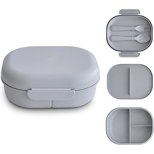 mushie Kids Bento Lunch Box | 3-Compartment & Removable Divider + Fork & Spoon Utensils | Great For Meals, School, Snacks On-the-Go | Dishwasher Safe (Cloud)
